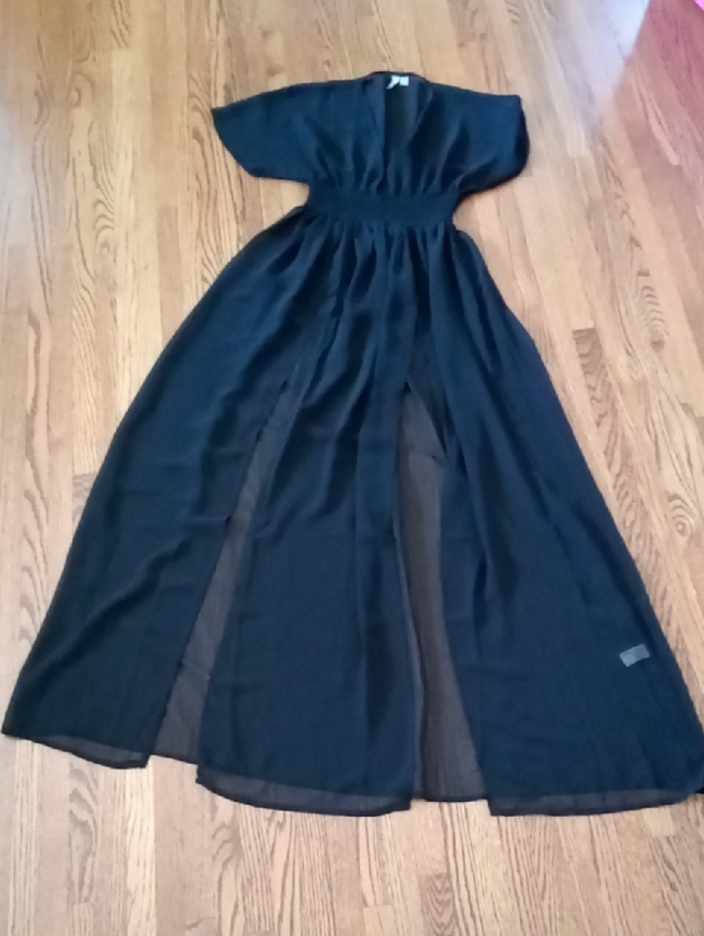 ASOS Black V-Neck Maxi Swim Cover-up with Smocked Waist Size 0 Ptp 14" L 58" - Picture 6 of 10